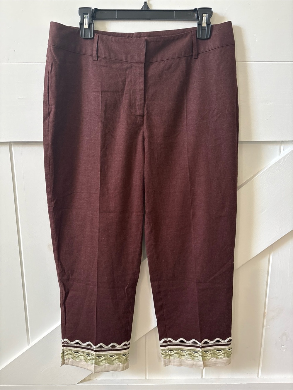 Oscar De La Renta Women’s Linen Blend Trousers Cropped Embroidered Hem Brown